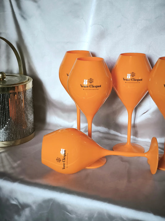 Veuve Clicquot Champagne Glasses, Large & Tall Orange Collectible Acrylic Goblets, Set of 5
