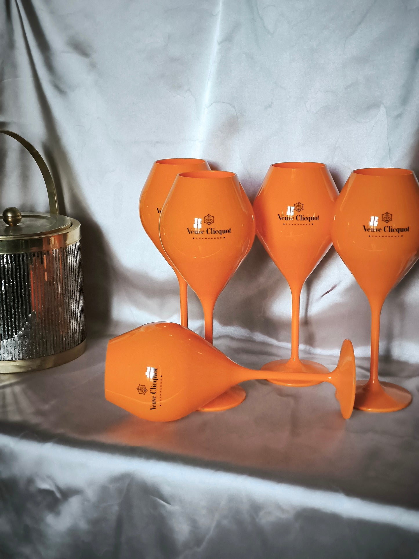 Veuve Clicquot Champagne Glasses, Large & Tall Orange Collectible Acrylic Goblets, Set of 5