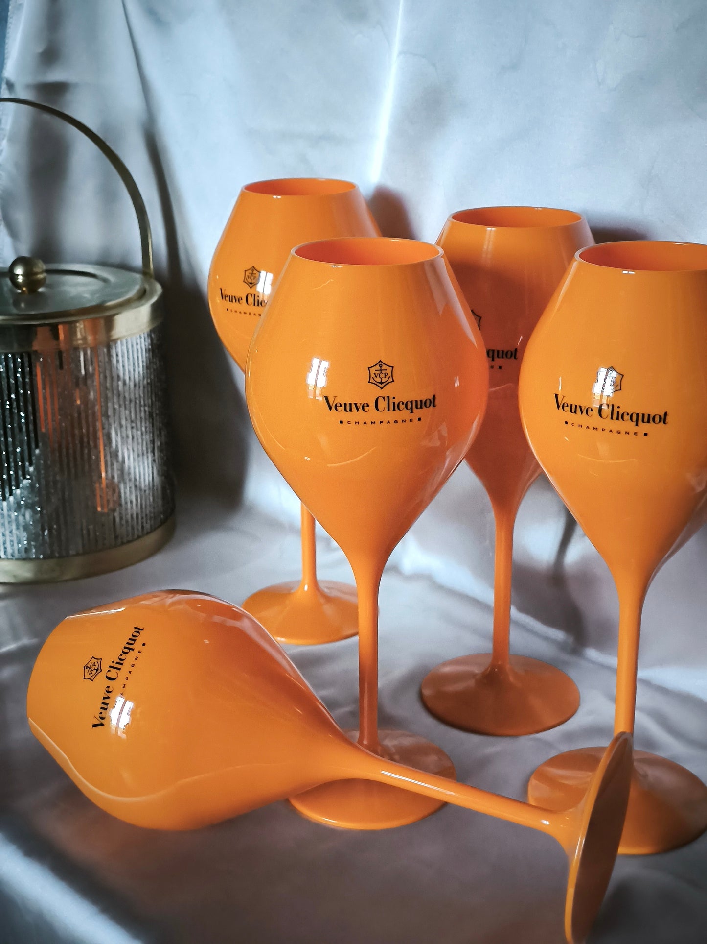 Veuve Clicquot Champagne Glasses, Large & Tall Orange Collectible Acrylic Goblets, Set of 5