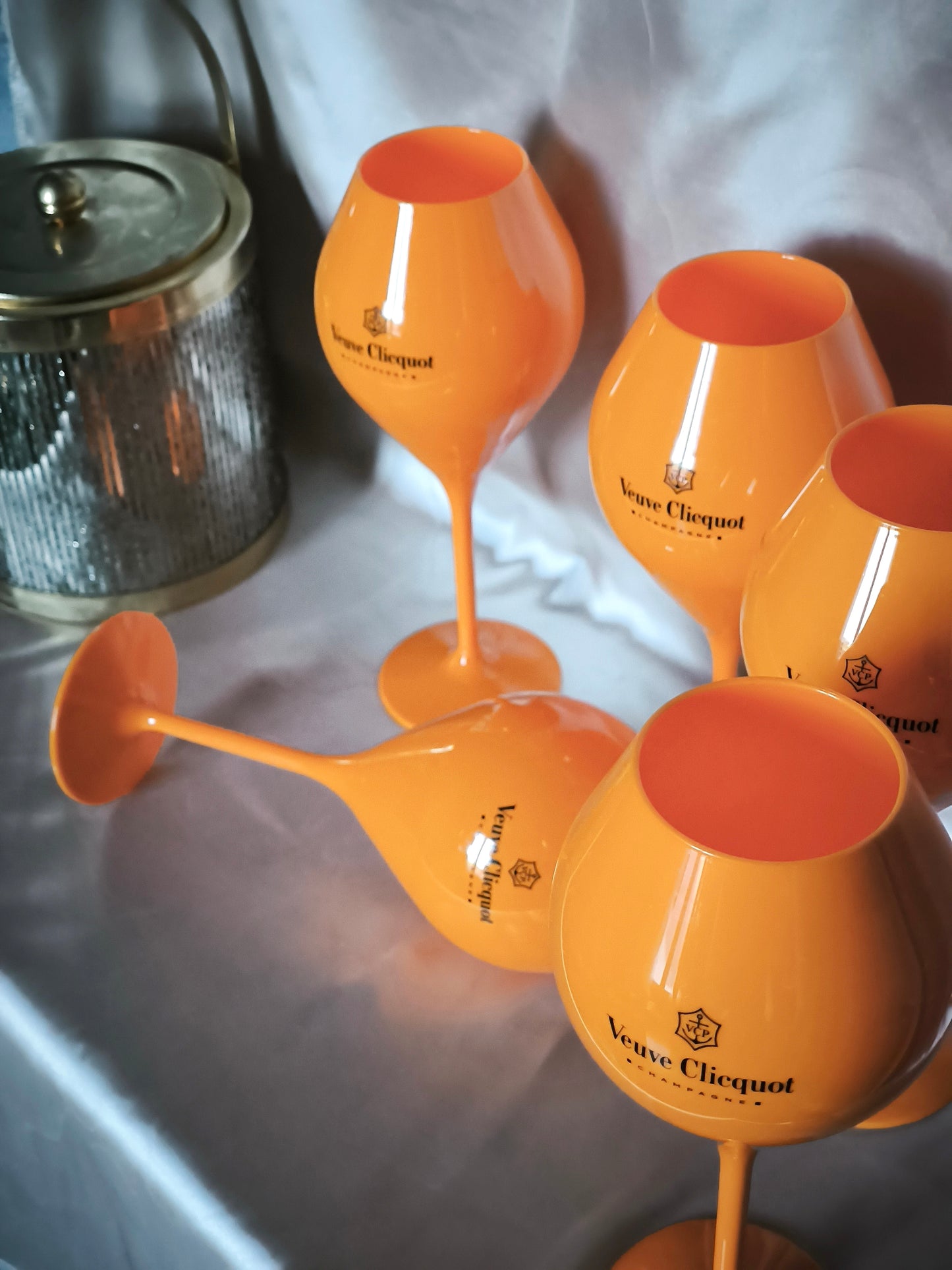 Veuve Clicquot Champagne Glasses, Large & Tall Orange Collectible Acrylic Goblets, Set of 5