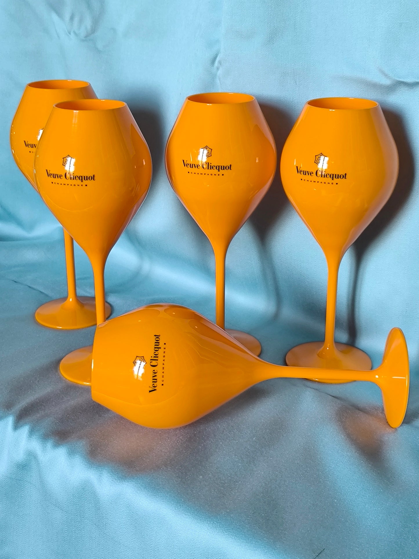 Veuve Clicquot Champagne Glasses, Large & Tall Orange Collectible Acrylic Goblets, Set of 5