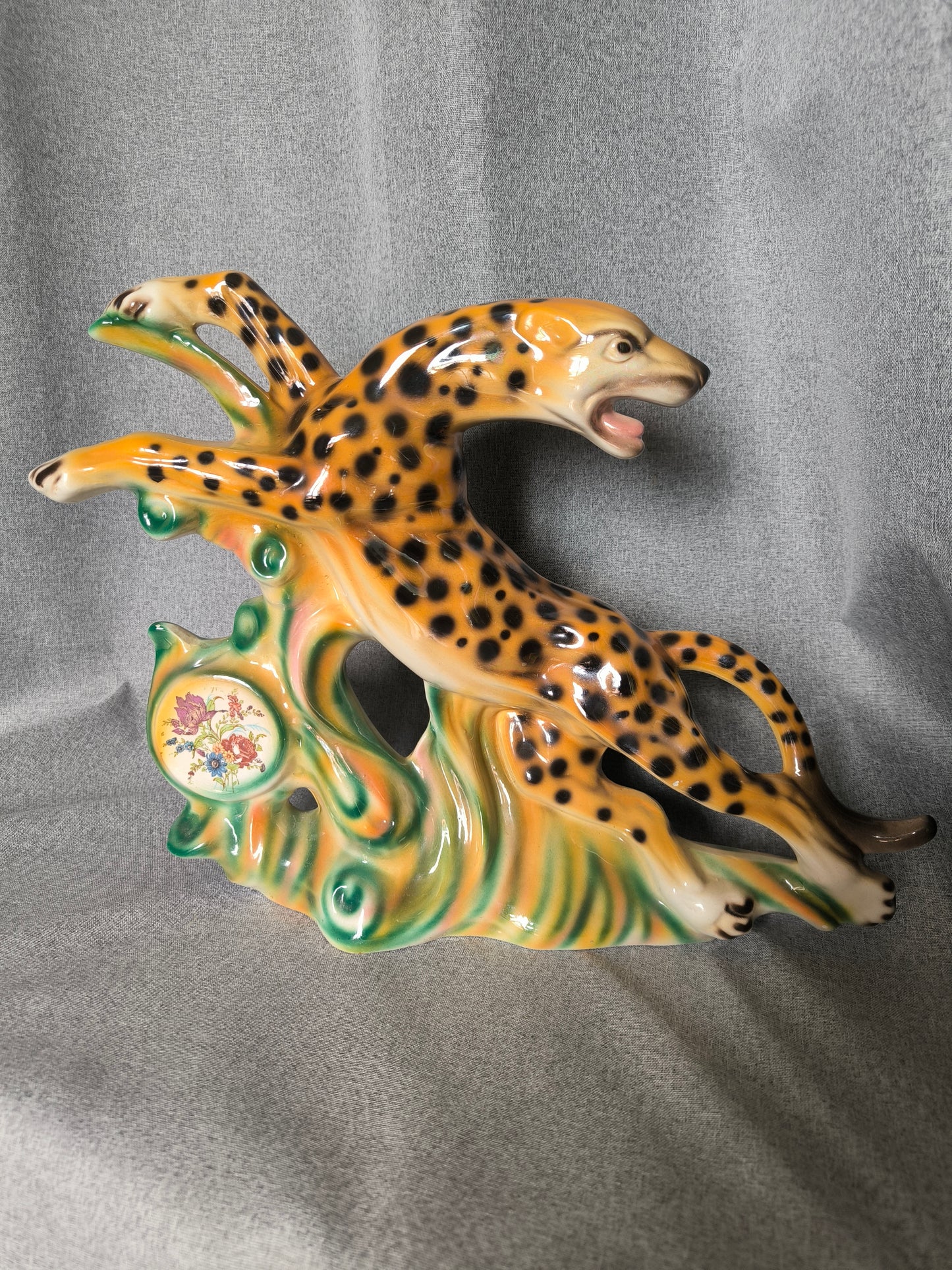 Vintage Leopard Statue, Art Deco Style, Iridescent Ceramic, 1950s–1960s, Large Leopard Sculpture