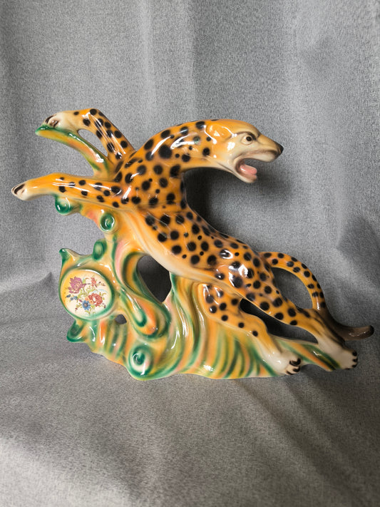 Vintage Leopard Statue, Art Deco Style, Iridescent Ceramic, 1950s–1960s, Large Leopard Sculpture