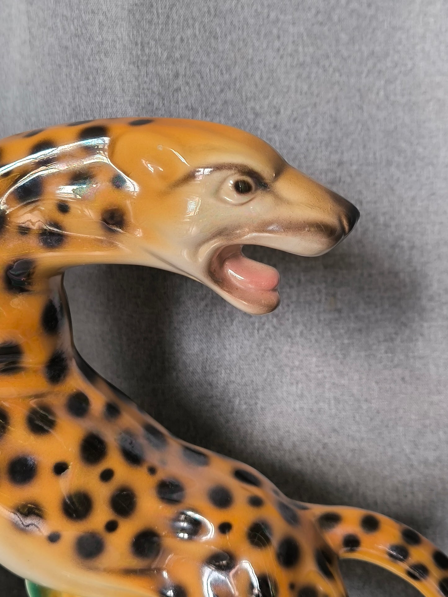 Vintage Leopard Statue, Art Deco Style, Iridescent Ceramic, 1950s–1960s, Large Leopard Sculpture