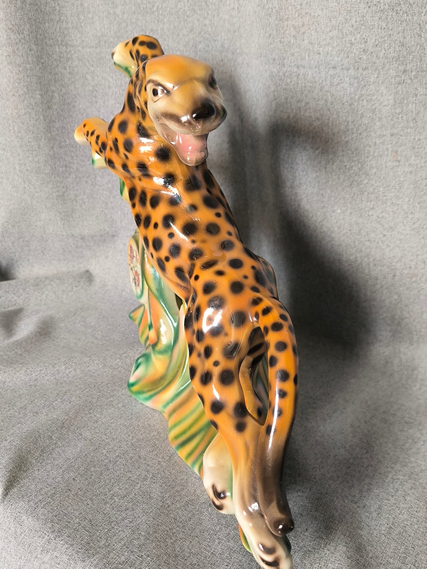Vintage Leopard Statue, Art Deco Style, Iridescent Ceramic, 1950s–1960s, Large Leopard Sculpture