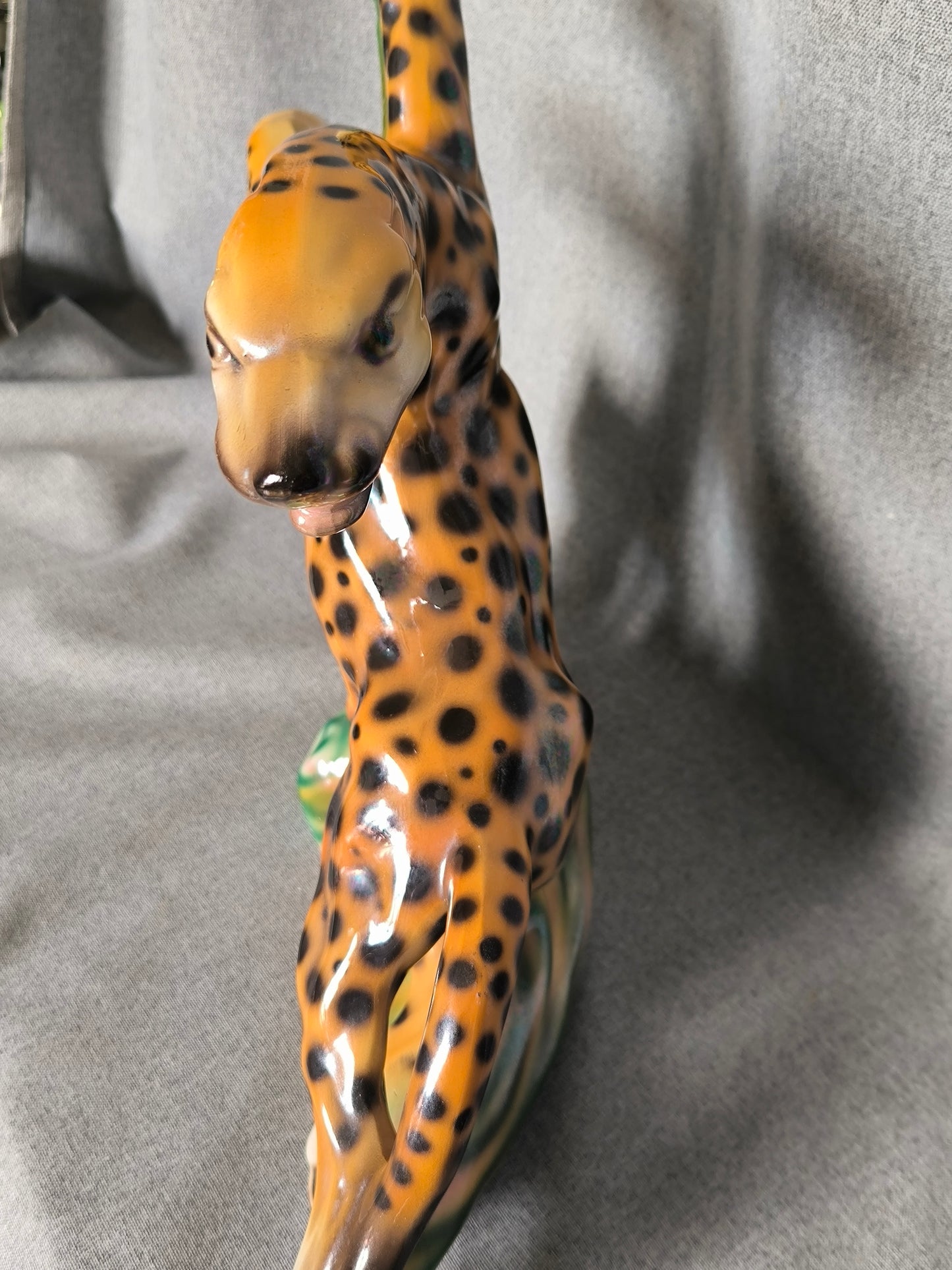 Vintage Leopard Statue, Art Deco Style, Iridescent Ceramic, 1950s–1960s, Large Leopard Sculpture