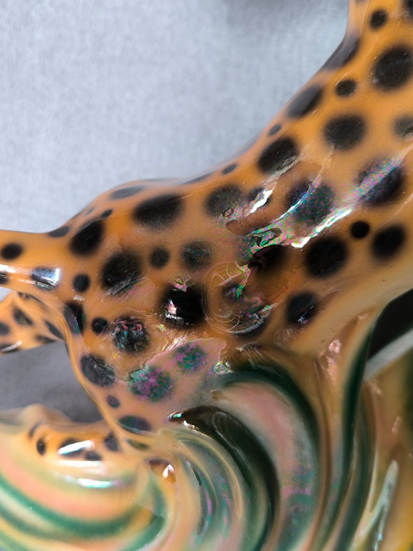 Vintage Leopard Statue, Art Deco Style, Iridescent Ceramic, 1950s–1960s, Large Leopard Sculpture