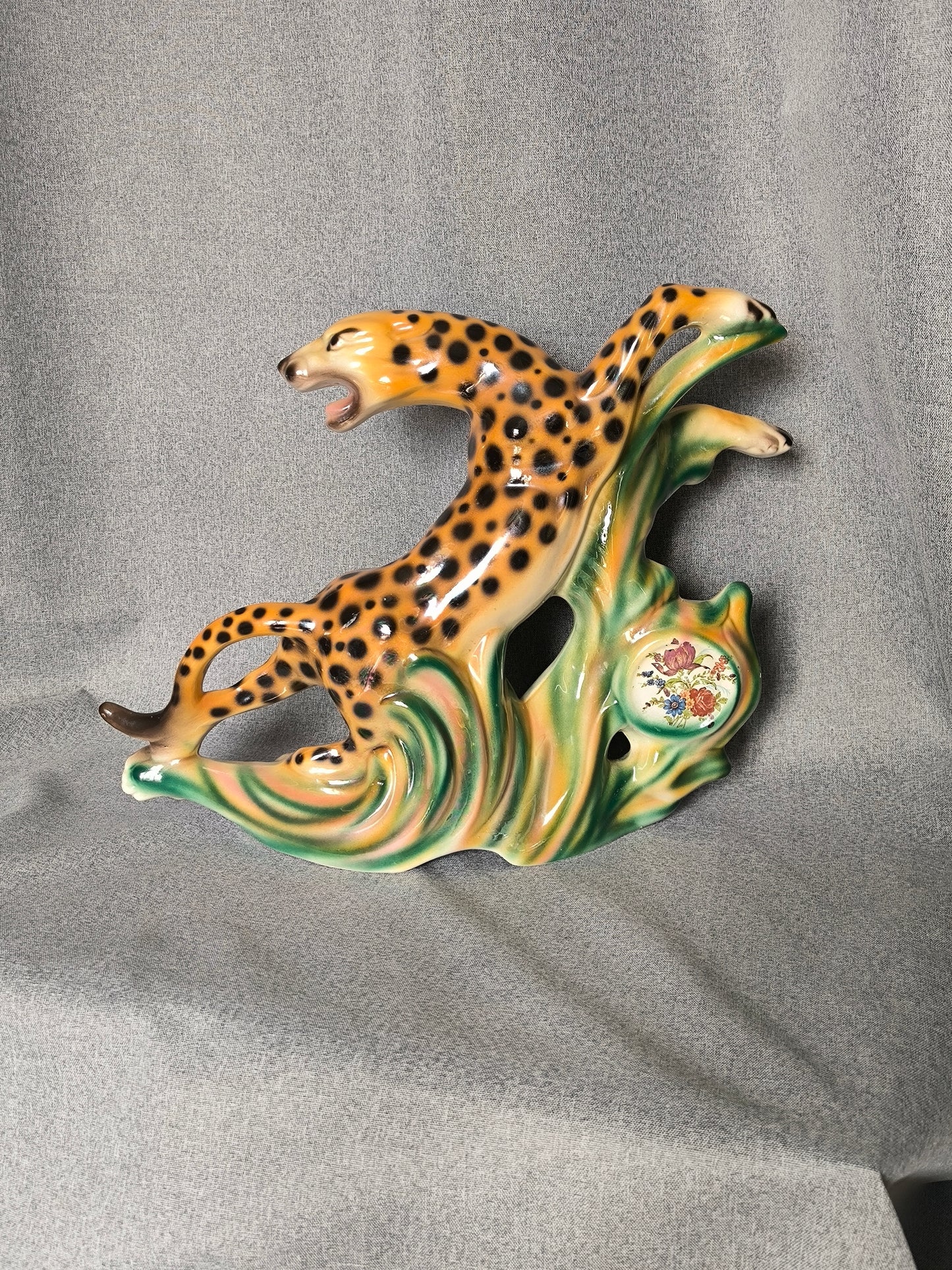 Vintage Leopard Statue, Art Deco Style, Iridescent Ceramic, 1950s–1960s, Large Leopard Sculpture