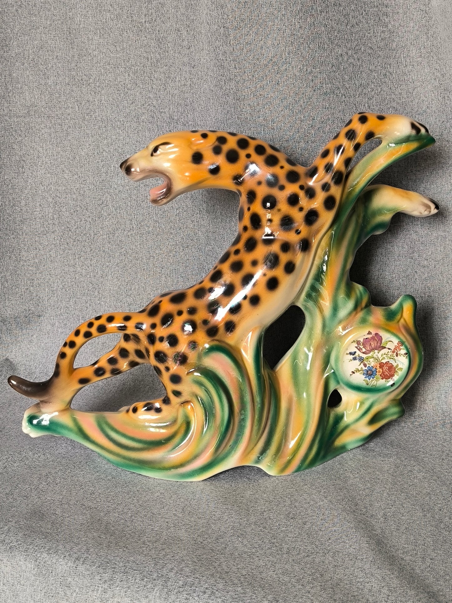 Vintage Leopard Statue, Art Deco Style, Iridescent Ceramic, 1950s–1960s, Large Leopard Sculpture