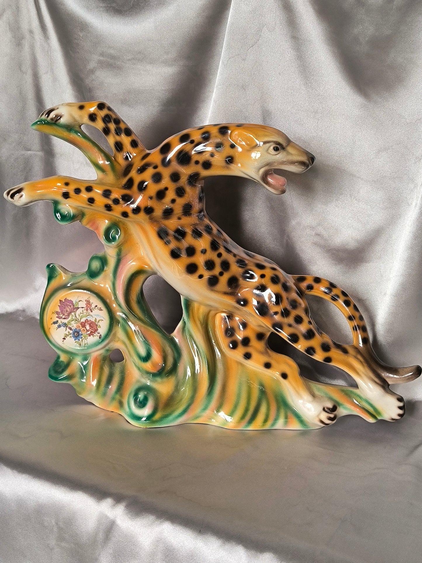 Vintage Leopard Statue, Art Deco Style, Iridescent Ceramic, 1950s–1960s, Large Leopard Sculpture