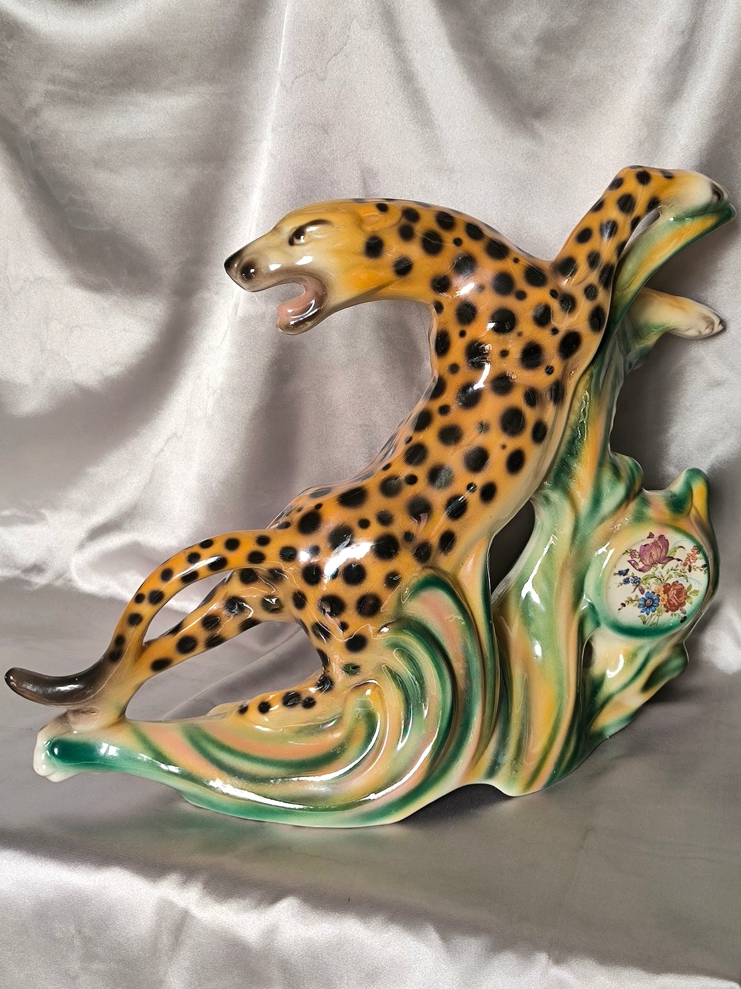 Vintage Leopard Statue, Art Deco Style, Iridescent Ceramic, 1950s–1960s, Large Leopard Sculpture