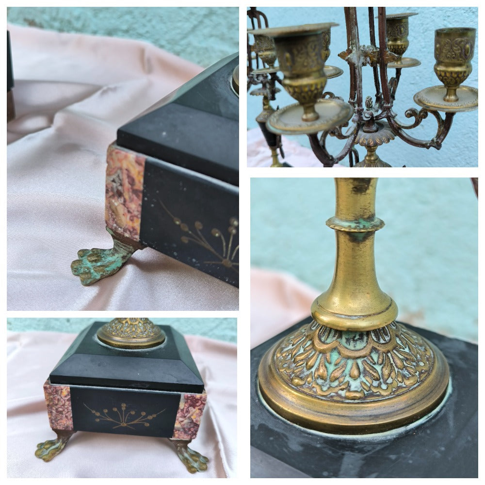 Antikes französisches Kerzenleuchterpaar, Übergang vom Jugendstil zum Art déco, frühes 20. Jahrhundert, Marmorsockel und patinierte Bronze