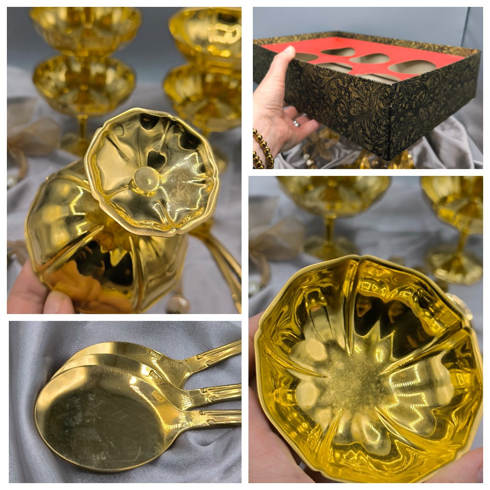 Vintage Eisschalen-/Dessertschalen-Set, goldfarben, 6 Schalen & 6 Löffel, Edelstahl, extrem seltenes Geschirr aus den 1980er Jahren