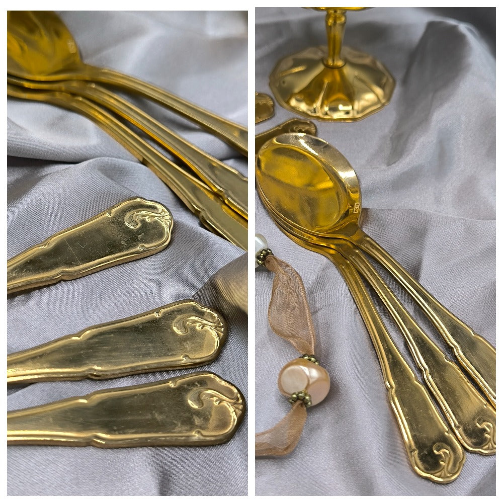 Vintage Eisschalen-/Dessertschalen-Set, goldfarben, 6 Schalen & 6 Löffel, Edelstahl, extrem seltenes Geschirr aus den 1980er Jahren